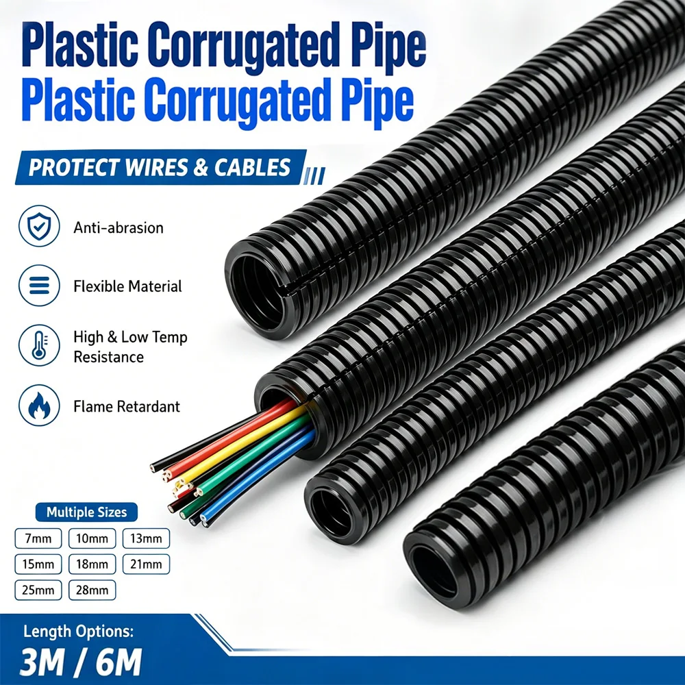 3/6M Heat Resistant Corrugated Conduit 7-28mm, Flexible Car Wire Protection Tube, Insulated Cable Sleeve for Harness