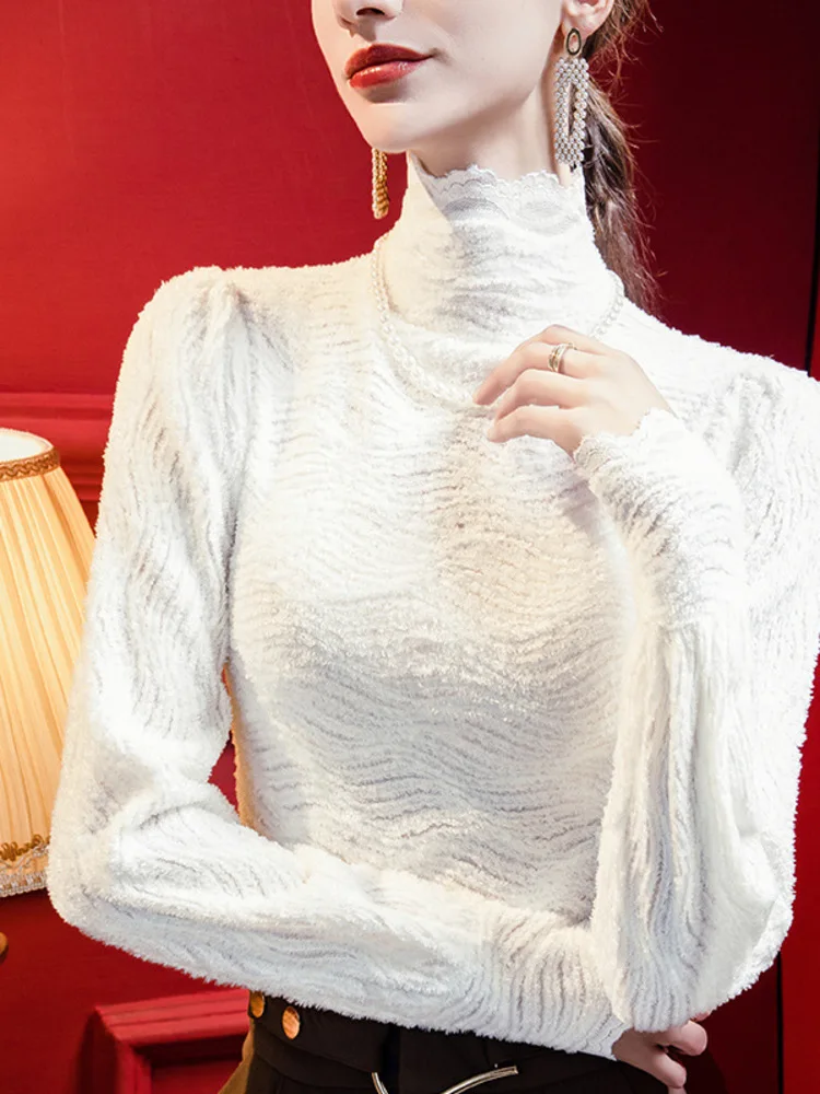 Winter High Neck Mink Brushed Lace Top With Bubble Sleeves, 2025 Autumn And Winter Women's Thick Warm Base Shirt