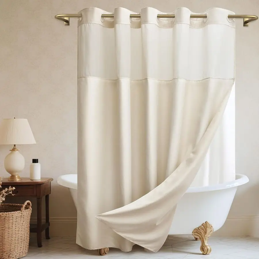 

Hook Cream Shower Curtain and Liner, LinenLook Polyester Textured Shower Curtain with Snap in Liner, Waterproof amp Washable Bat