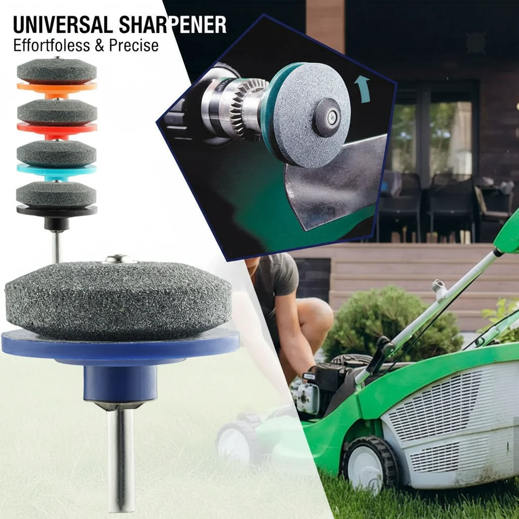 

Упрощенная заточка: Электрическая точилка для газонокосилок с износостойкой шлифовальной головкой и точильным камнем.