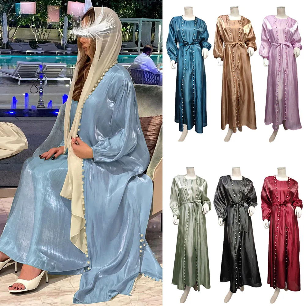 

2 Piece Set Satin Shiny Open Abaya Beads Cardigan Maxi Dress Dubai Turkey Muslim Women Kaftan Eid Ramadan Kimono Jalabiya Robe