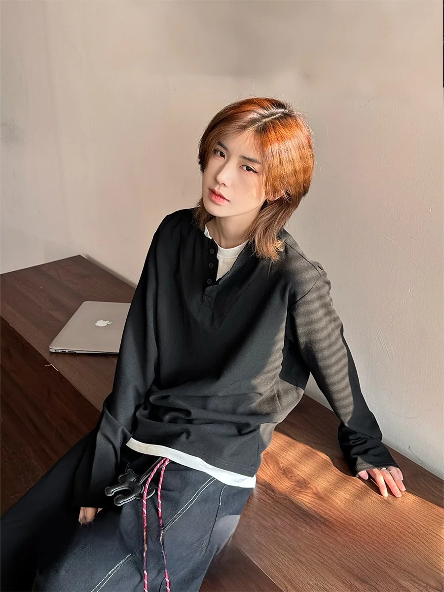 

Casual Long Sleeve Henry Collar Fake Two-Piece T-Shirt Unisex Slim Fit Base Layer Top for Men And Women Polyester Viscose Spa...