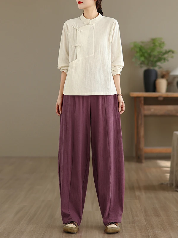 

Casual Sle Women's Zen Clothing Set New Cotton Linen Loose Long Sve Stand Collar Side Buttoned Tea Costume Two-Piece Suit