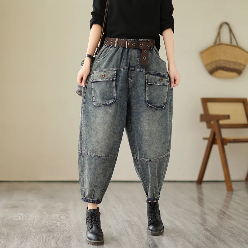 

Retro 3D ket Denim Harem Pants Women's Spring Summer New Faion Casual Elastic Waist Loose Workwear Sle Blue Jeans