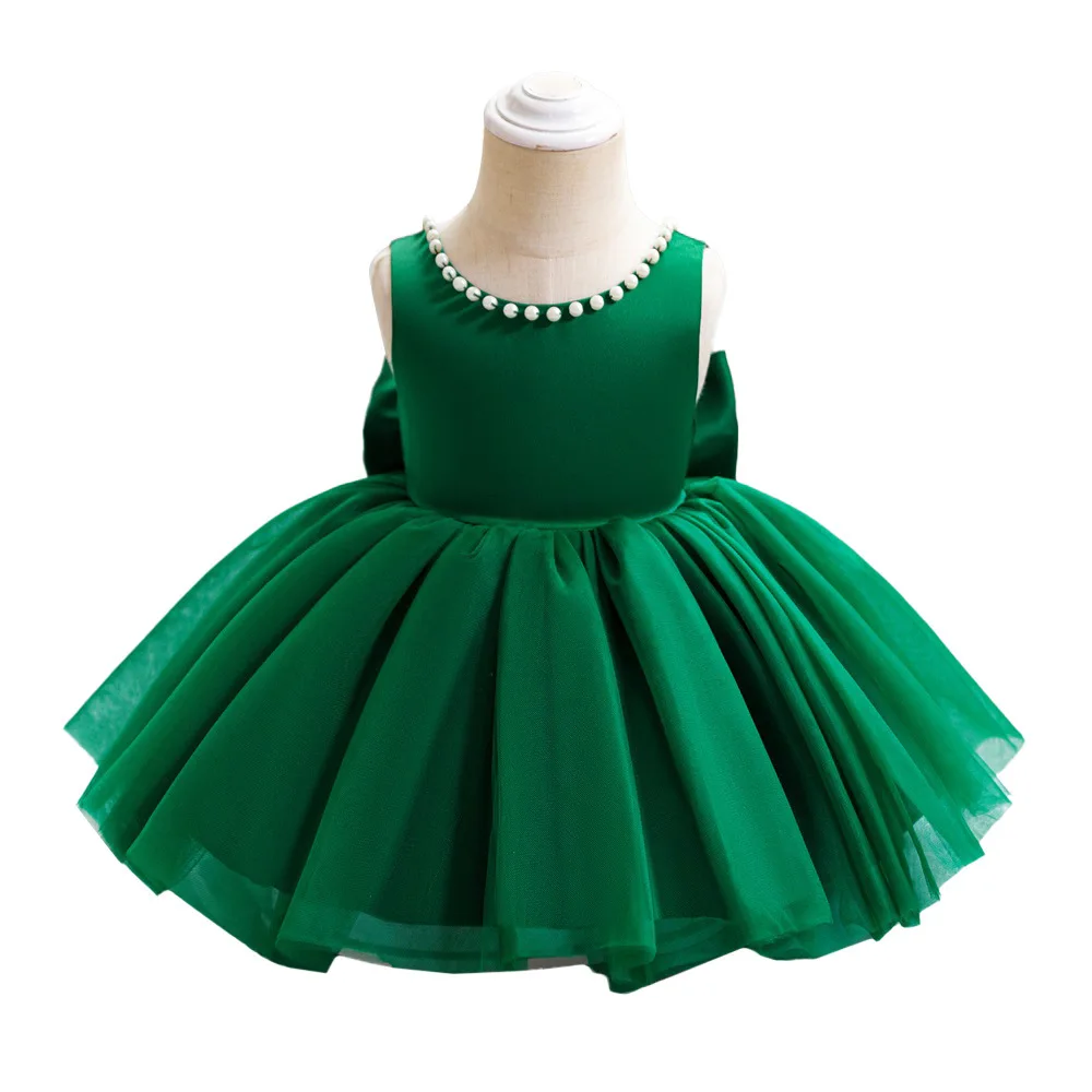 Baby Party Dresses for Girl Backless Bow Wedding Flower Girl Dress Beading Toddler Kids 1st Birthday Baptism Princess Dress