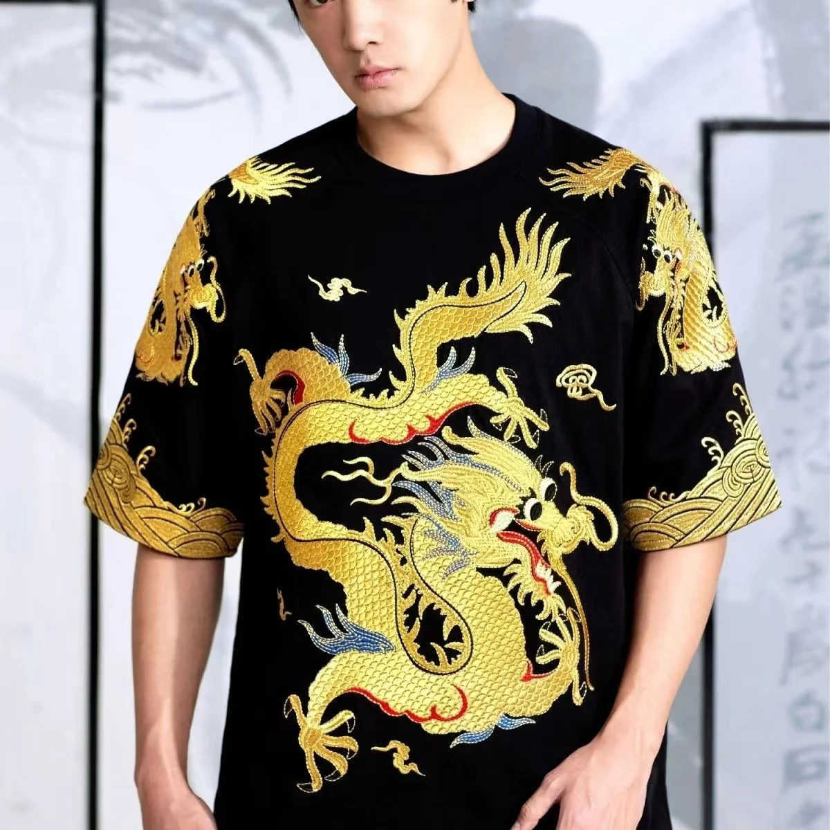 T-shirt à manches courtes Dragon imprimé pour hommes et femmes, robe Loong noire, vêtements chinois polyvalents, vêtements décontractés pour garçons et filles, été, nouveau