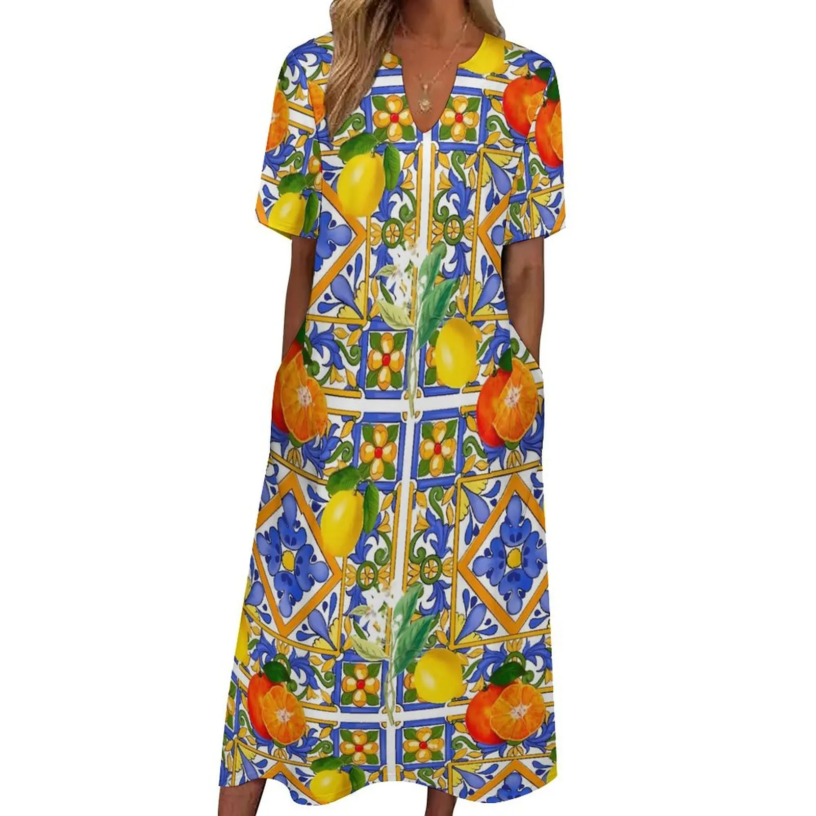 

Retro Fruit Print Dress Summer Citrus And Lemons Korean Fashion Casual Long Dresses Ladies Elegant Maxi Dress Gift