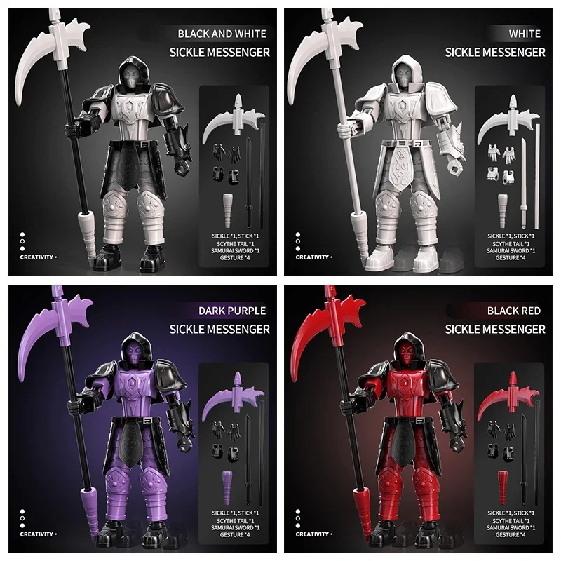 Scythe Messenger ist ein abnehmbares und bewegliches Spielzeugrobotermodell, das mehrere Körpergelenke und zusammengebaute Waffen verfügt.