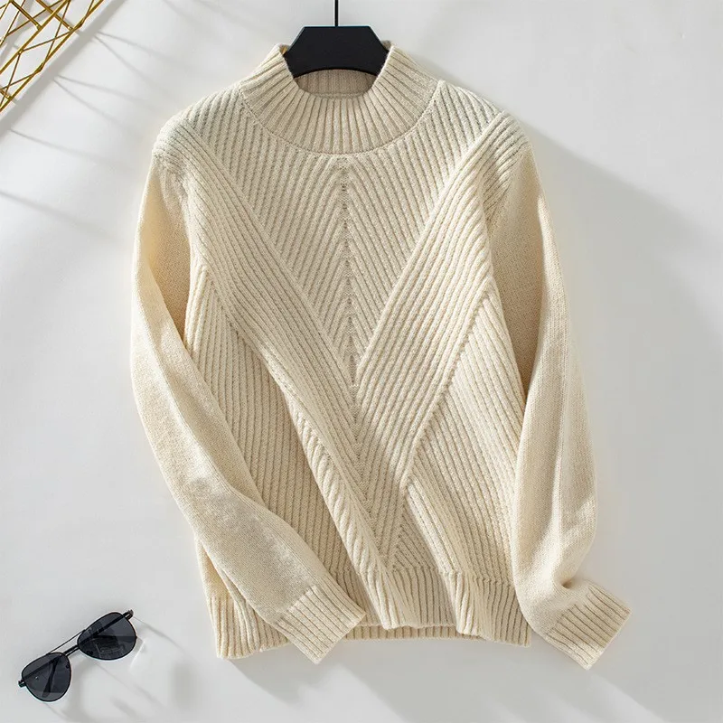 Grey Warm Women's Knitted Sweater With Round Neck Pullover Long Sleeves V-shaped Jacquard Versatile Solid Color Sweater 2025 New