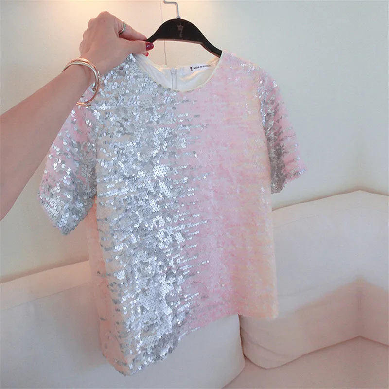 Women Sequin T-Shirt 2022 Hot Sale Summer Short Sleeves Tops Gradient Color Sequins Female Loose Tees T Shirt Pink