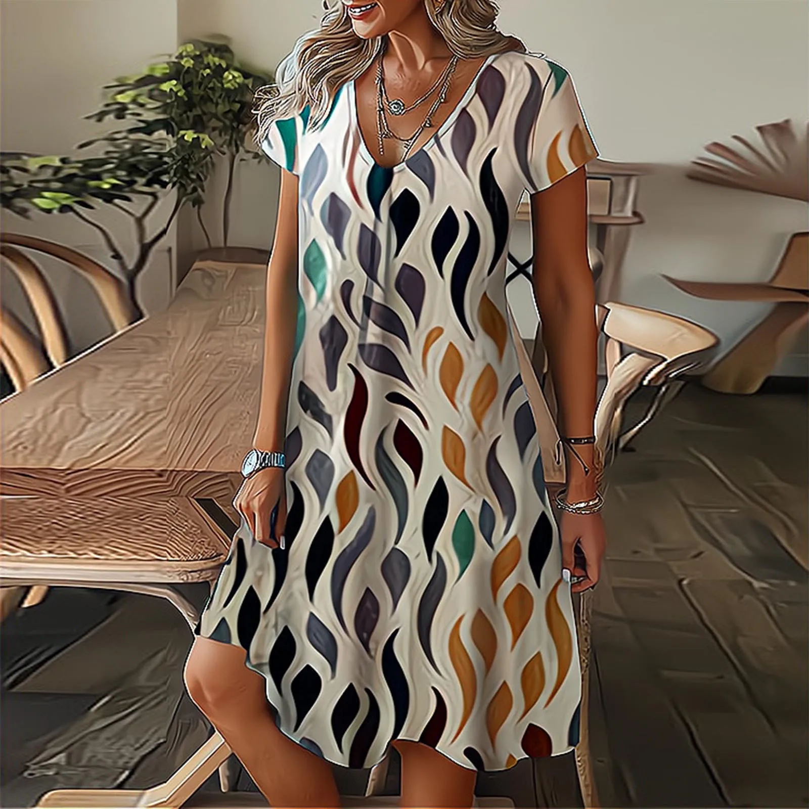 Feather Print Dresses Women Summer 2023 Clothing Short Sleeve V-Neck Mini Dress Elegant Bohemian Trendy Sundress Beach Vestidos