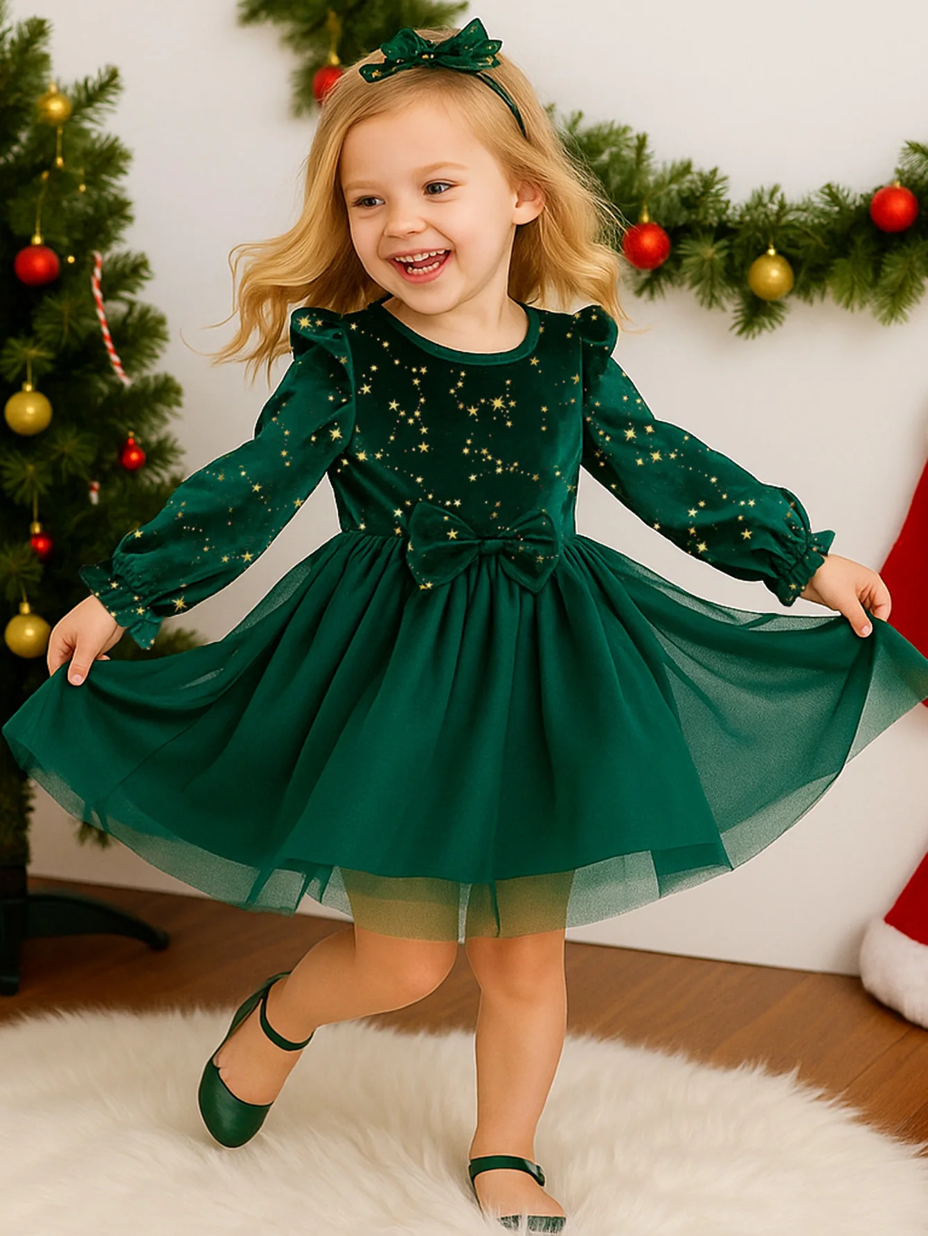 Mädchen Samt Langarm Prinzessinnenkleid Weihnachtssternmuster Herbst Winter Kinderkleidung Kindermode – Detail 1