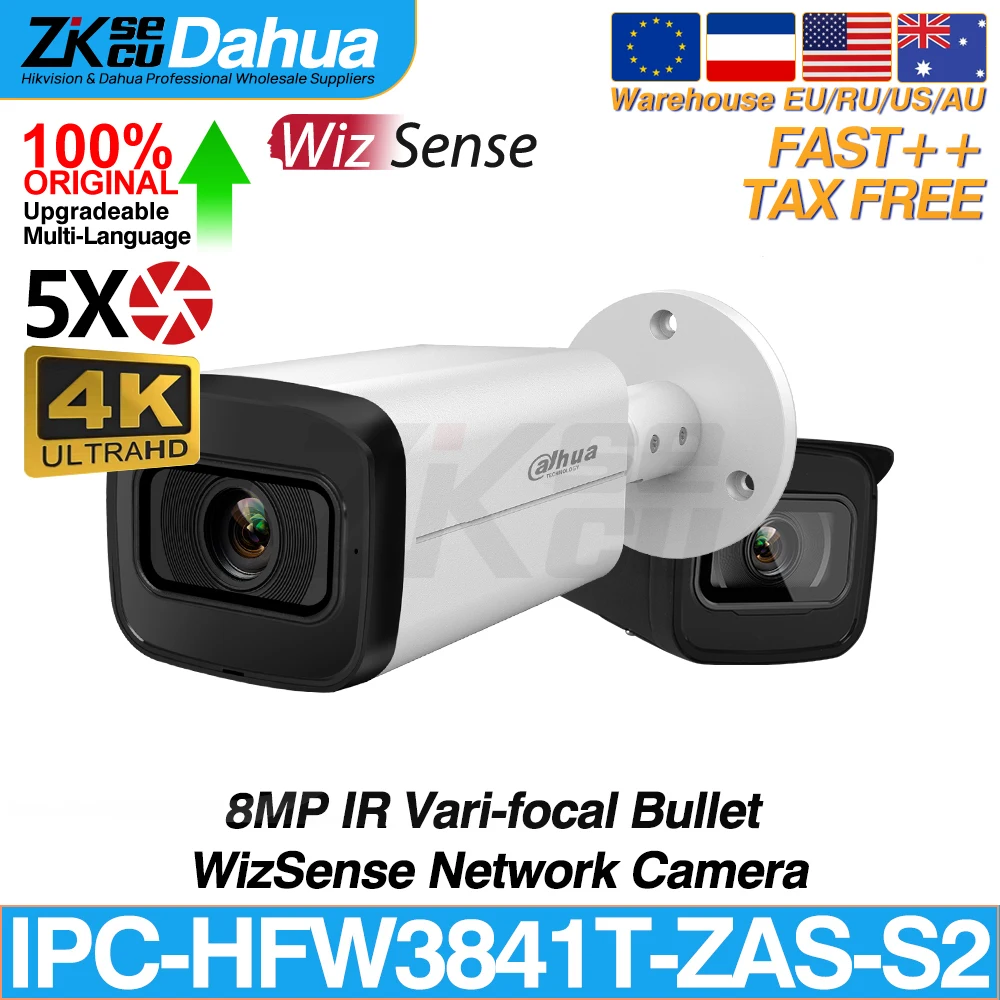 Dahua Original IPC-HFW3841T-ZAS-S2 8MP 4K 5X Zoom Bullet WizSense Network IP Camera IR 60M MIC SD Slot IVS SMD4.0 AISSA POE IK10