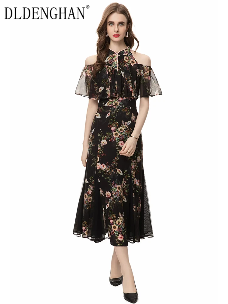 

DLDENGHAN Summe Strapless Dress Women's Stand Collar Butterfly Sleeve Flower Print Vintage Dresses Fashion Designer New