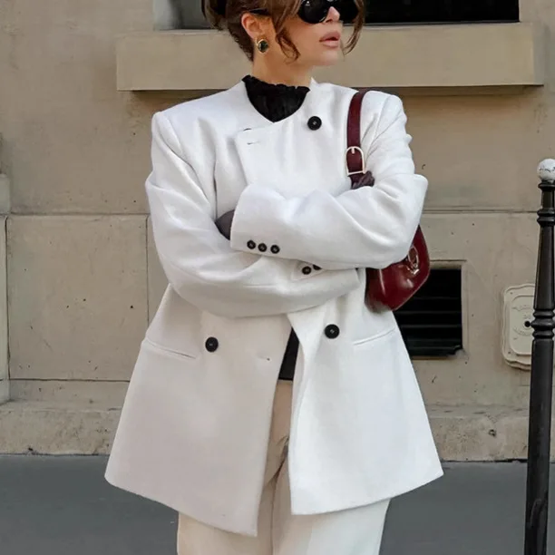 الحد الأدنى الخريف المرأة البدلة سترة بيضاء الخامس الرقبة مزدوجة الصدر جيوب أبلى للإناث سليم صالح منتصف طول معطف سيدة #4