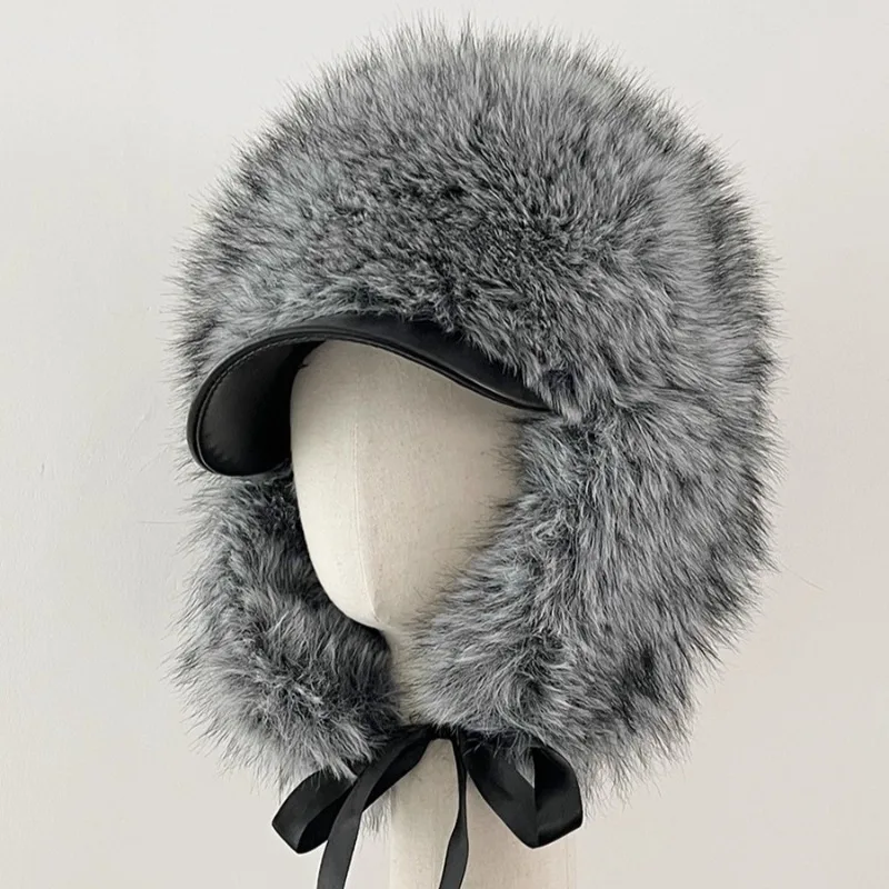 

2025 Winter New Faux Fur Thickened Bomber Hats with Pu Duck Tongue Cap Women's Plush Pilot Hat Cold and Warm Ear Protection Hat