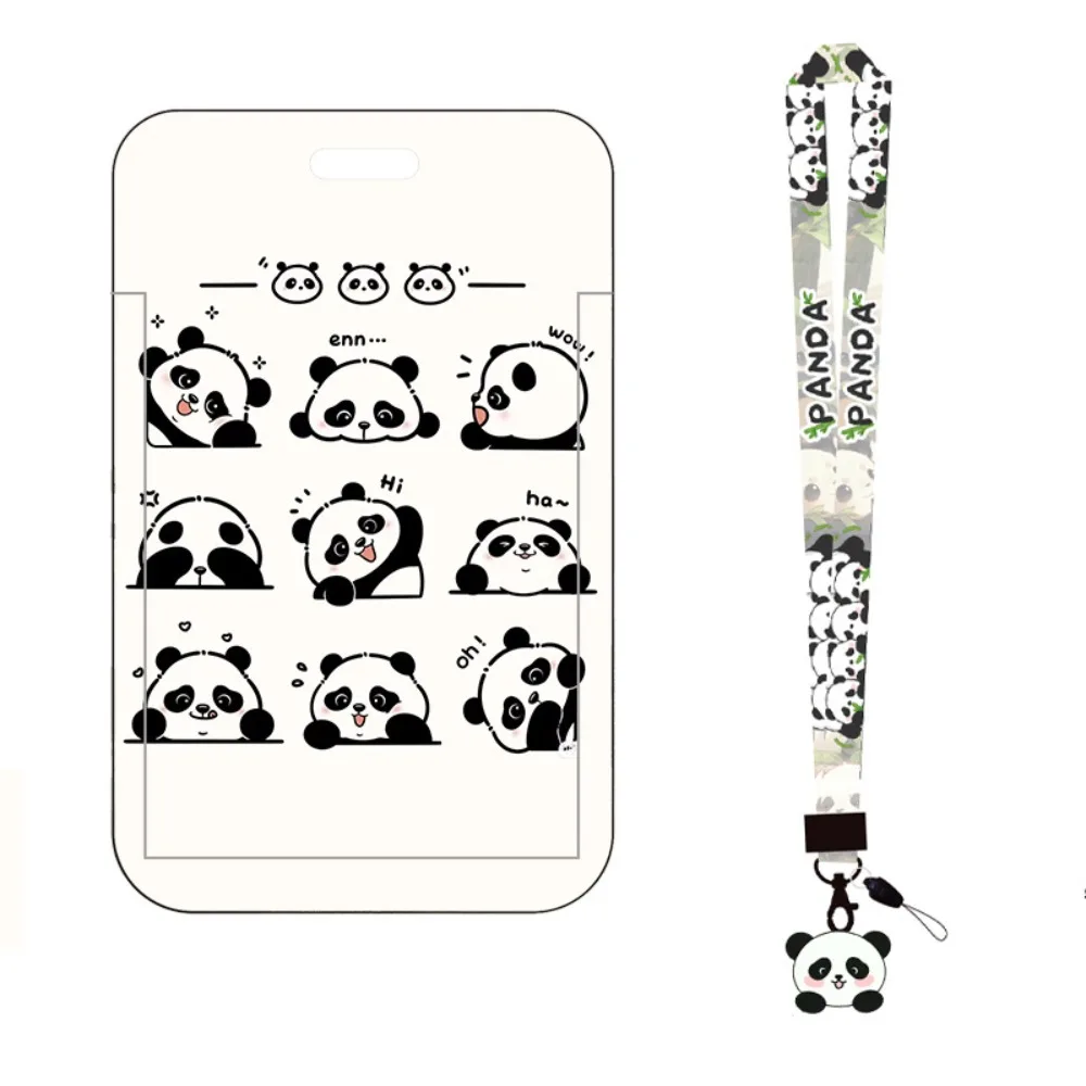 Panda Printing Plastic Card Holder Waterproof with Long Lanyard Slide Card Case ID Card Protective Cover