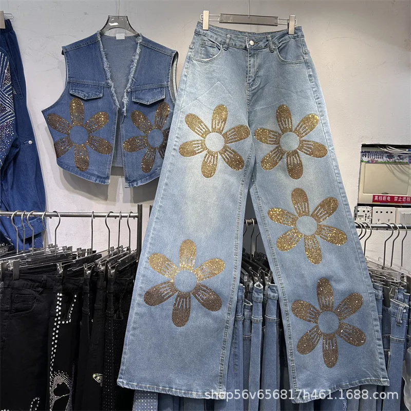Fashionable Women Denim Two-piece Set Hot Diamonds Sleeveless V-neck Vests Coat + High Waist Wide Leg Casual Straight Pants