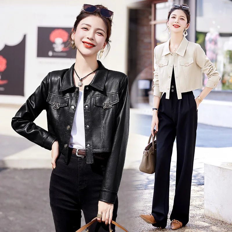 

Short leather jacket for women in spring 2024, new casual and fashionable, versatile, small stature sheepskin jacket trend