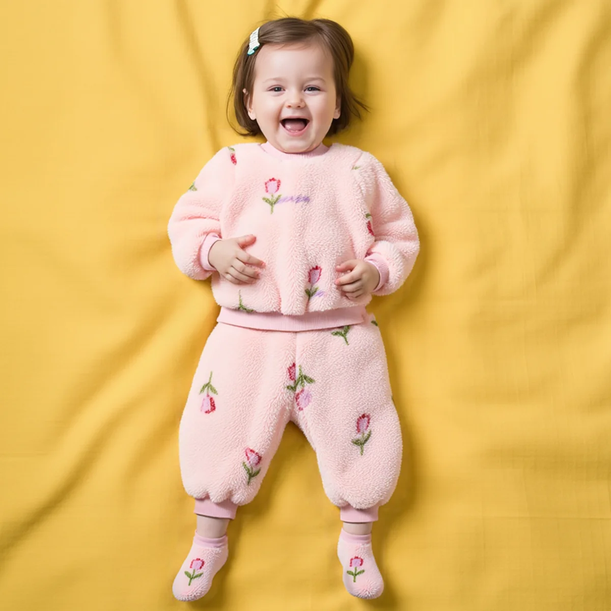 

Cute Winter Long Sleeve Little Kids Tops + Pants Fleece Thickened Baby Outfits Sets Clothing Flowers