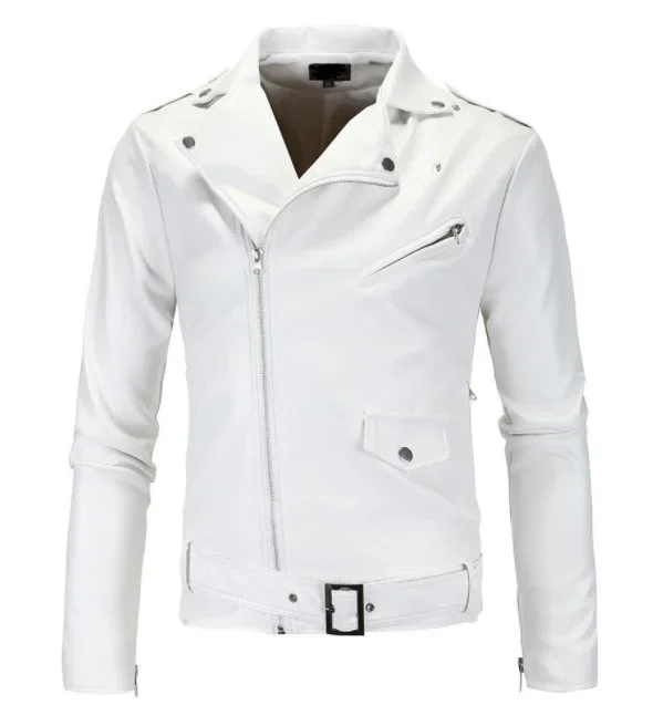 Men's synthetic leather jacket, lapel blazer, diagonal zipper, black and white, new 2024