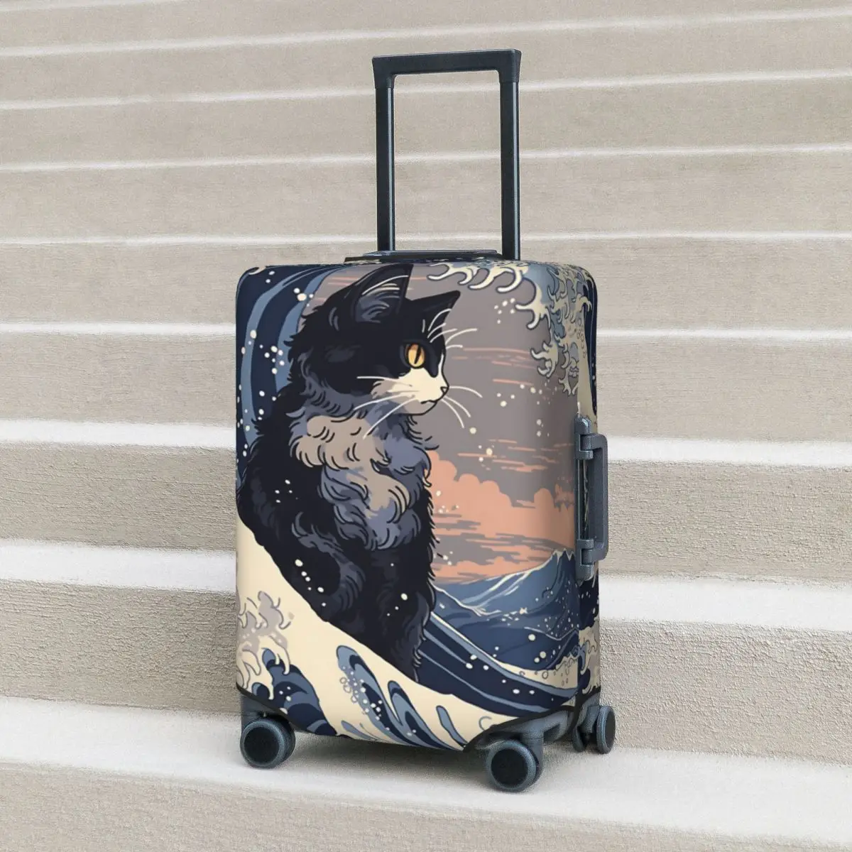 Funda para maleta The Great Wave, Protector de accesorios para equipaje elástico de viaje con animales y gatos