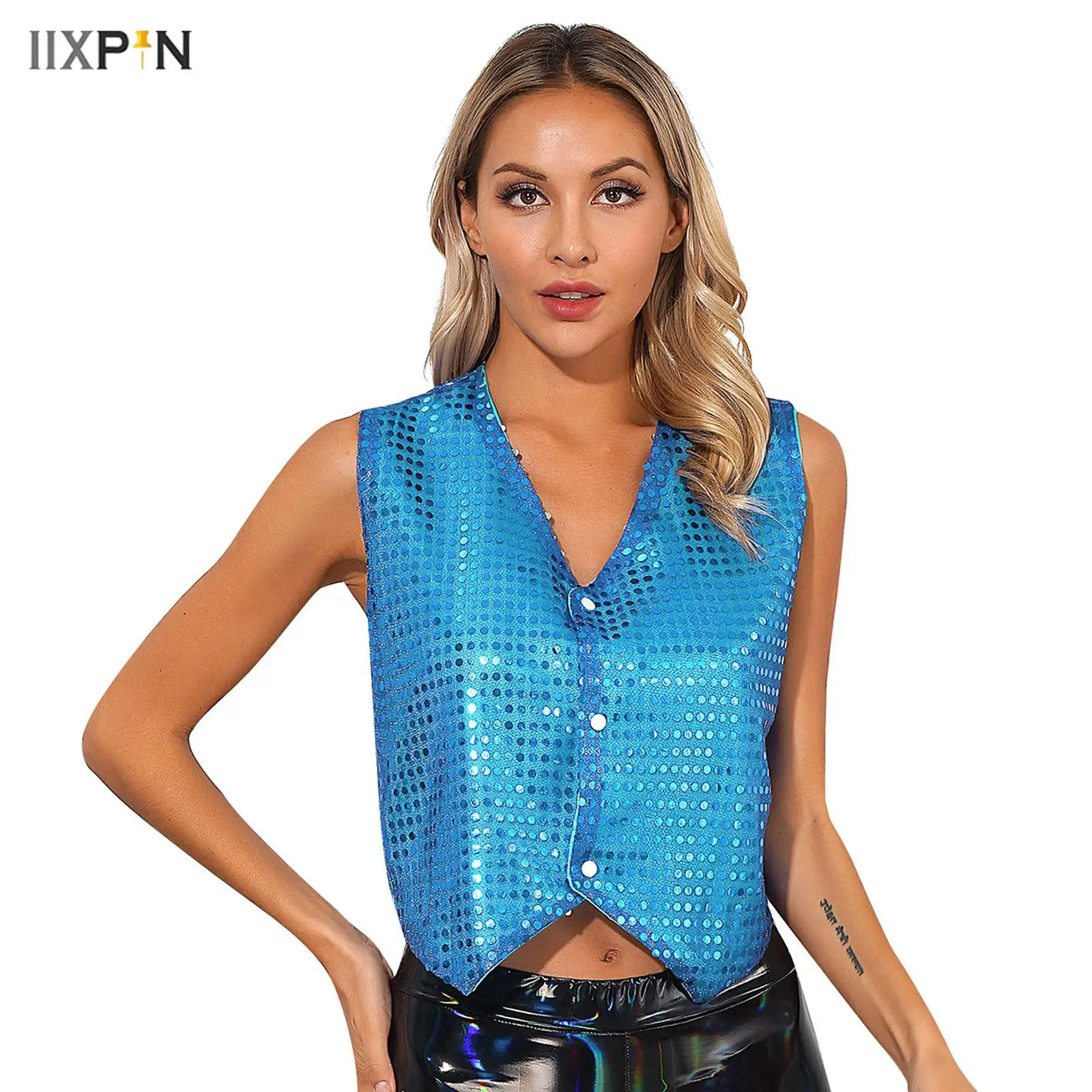 

Womens Glitter Sequins Vest Coat Button Up Pointed Hem Waistcoat for Choir Jazz Dance Stage Performance Costume Streetwear