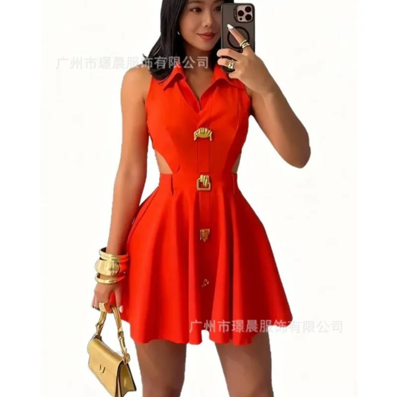 Mini abito elegante alla moda per Lady 2025 Colletto POLO estivo senza maniche con cut-out Vita snellente Gonna corta a trapezio Party