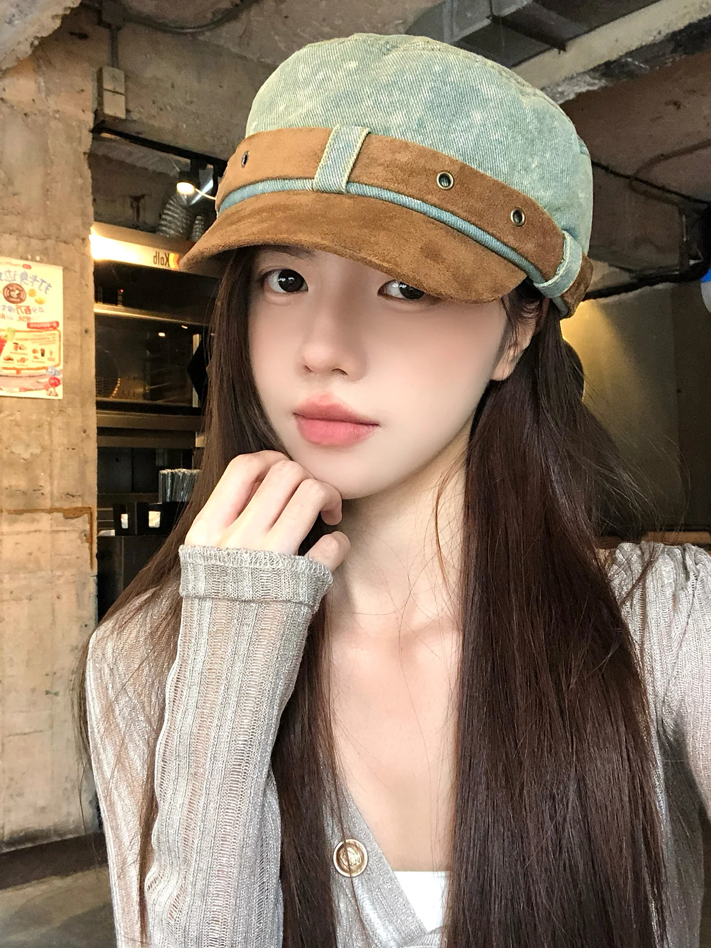 Retro Distressed Denim Patchwork  Riding Hat Women's Spring Summer New Fashion Flat Top Beret Hat Face Slimming Newsboy Cap