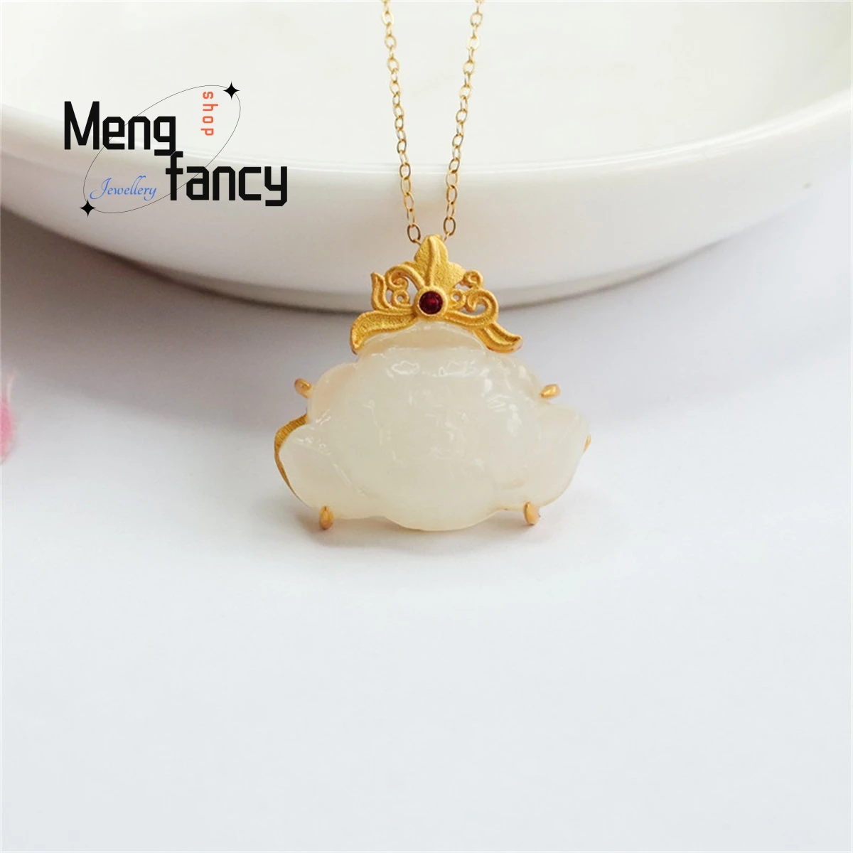 

Natural S925 Silver Inlaid Hetian Sheep Fat White Jade Lotus Necklace Pendant Simple Stylish Charm Fashion Women Luxury Jewelry