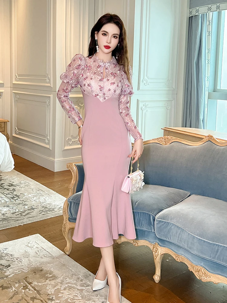 Nowe sukienki w stylu chińskim Qipao z długim trenem typu rybka, eleganckie, słodkie i szykowne sukienki damskie z bufiastymi rękawami, dopasowane sukienki, szaty damskie, Vestidos