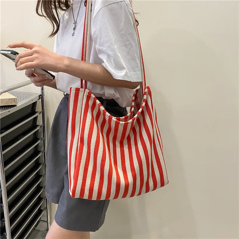 Women Shoulder Bags Portable Large Capacity Shopping Canvas Bag Underarm Simple Striped Totes Ins Korean Ulzzang Handbag Female