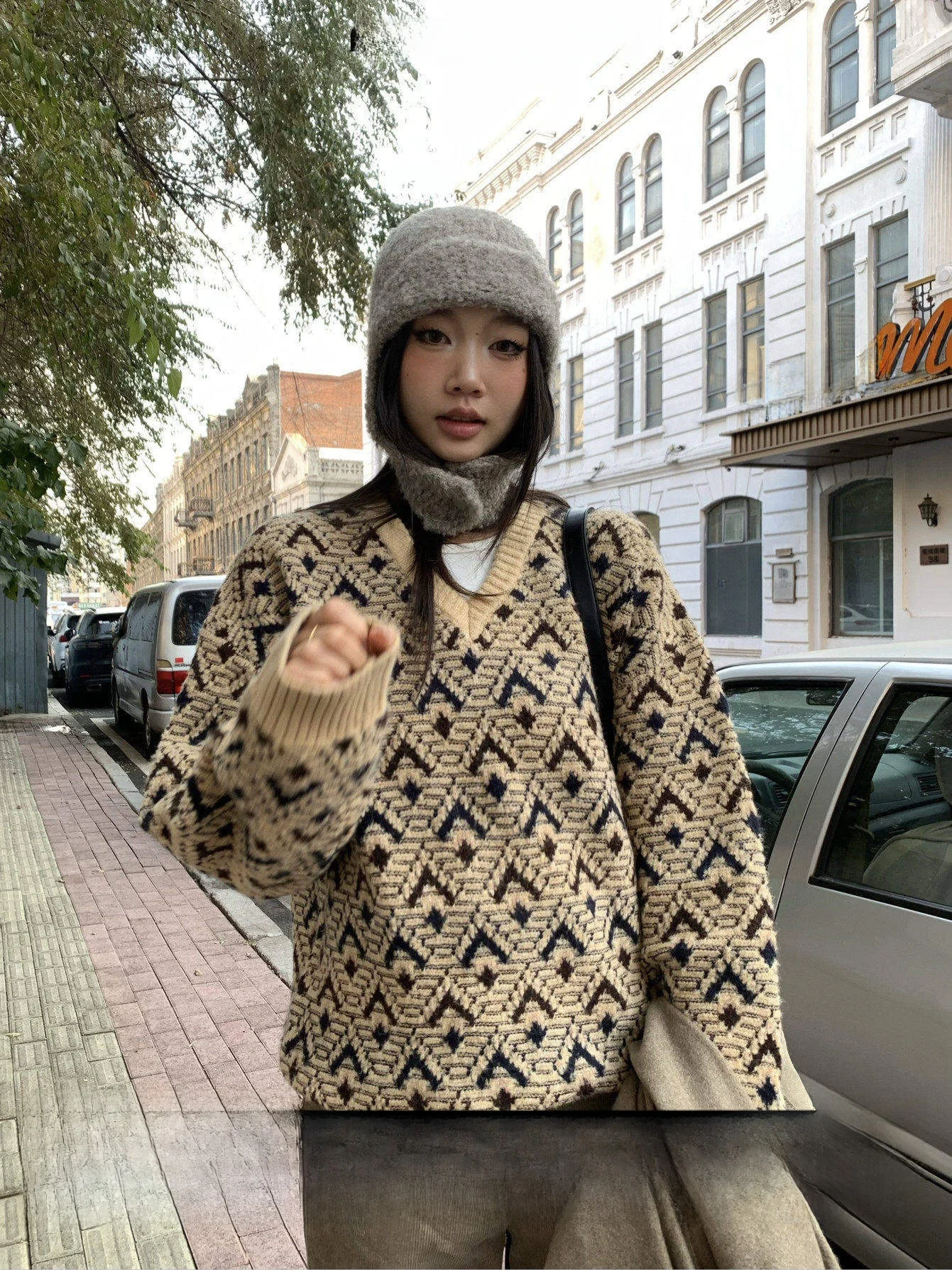 

Новый осенне-зимний вязаный свитер Fortunee с винтажным ромбовидным узором, V-образный вырез, теплый, свободный крой, женский топ