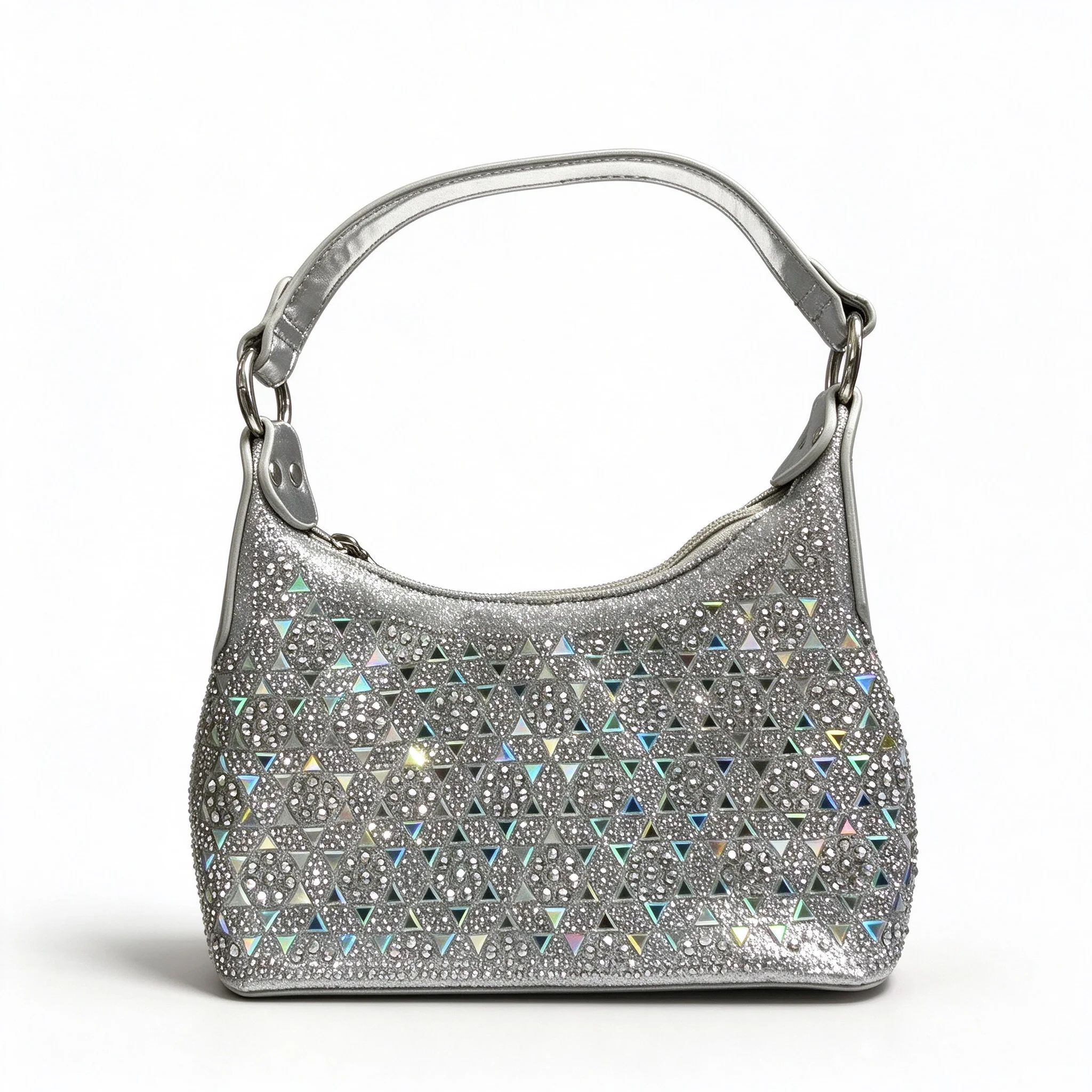 Women Rhinestone Evening Bag Silver Handbag Triangle Crystal Purse Chain Crossbody Shoulder Clutch Bag Wedding Party Prom