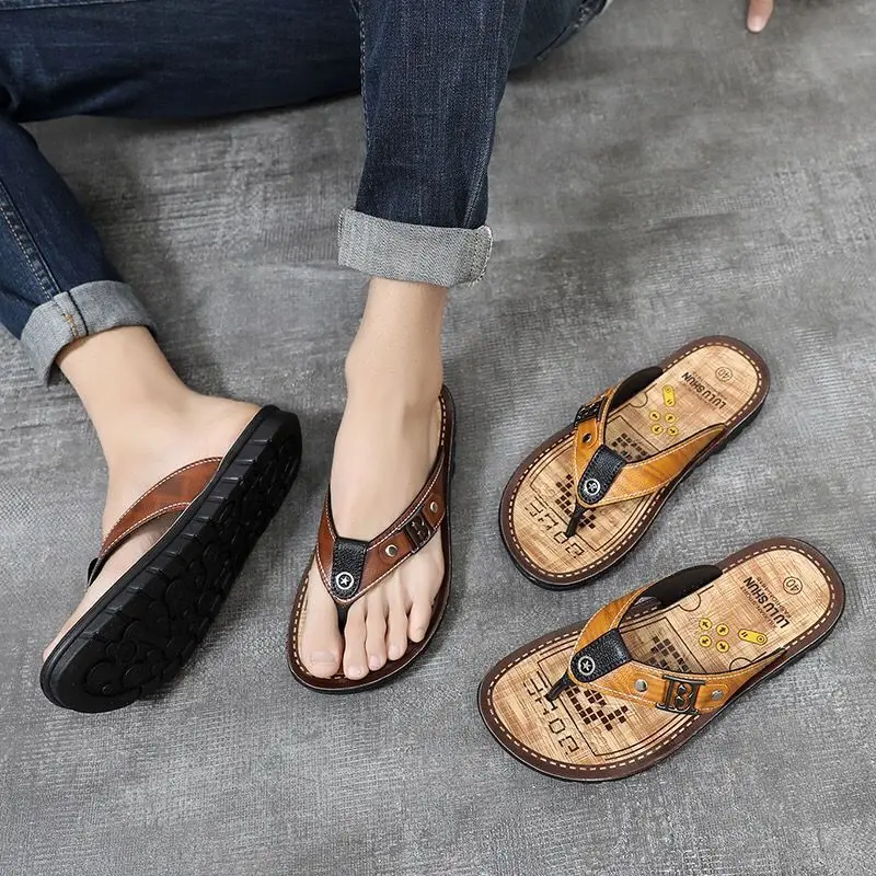 Shiatsu Male Slipper Soft Men\'s Shoe Beach Outdoor Sabot Flat Leather Flip Flops Slides Elegant Original High Quality Fashion