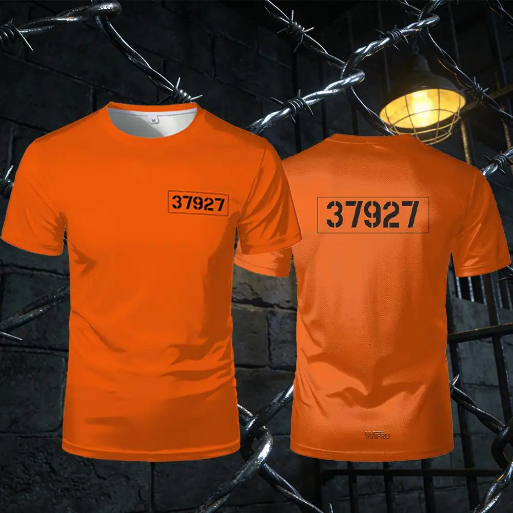 Personality Orange-colored Prison-style T-shirt Summer Unisex Abstract Round Neck Short-sleeved Fun Role-playing Casual Wear