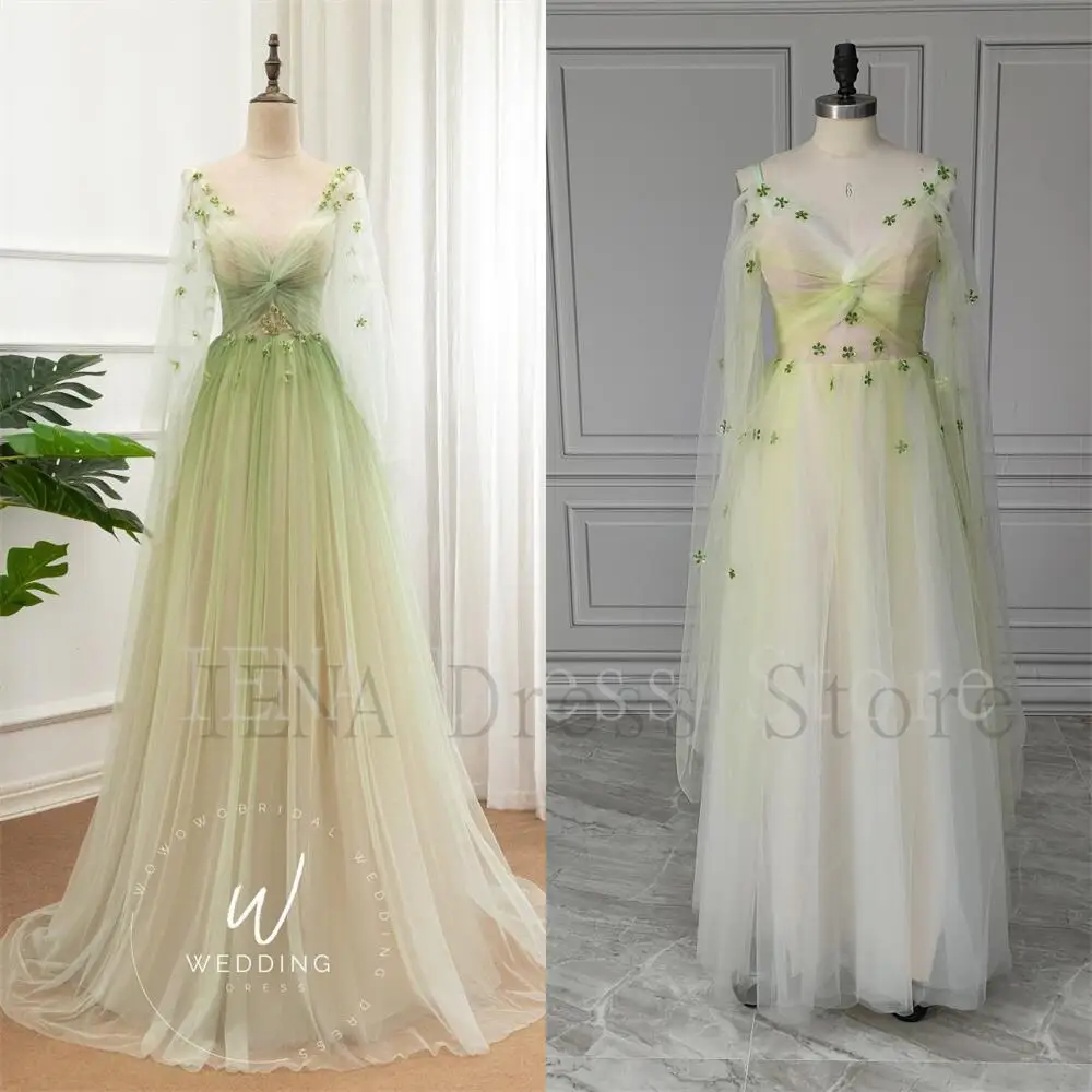 custom 14678#Glitter Gradient Green Prom Dress Dreamy Party Dress Long Sleeve Graduation Gown Bridal Dress Elegant Evening Dress