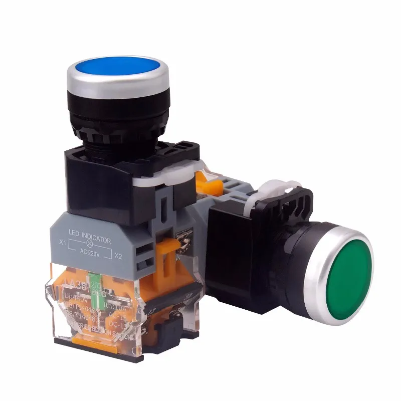 

22mm LA38-11D/11DS Quality Sliver Contact Push Button Switch with Light on/Off Momentary/Latching220V 24V LED Indicators