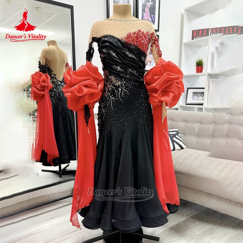 Adult Women Social Dance Long Sleeves Backless Big Swing Dresses Dancer's Vitality Waltz Round Collar Elegant Clothing Customize