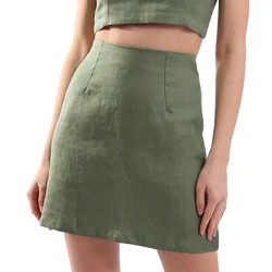 Newly Summer 100% Linen Women'S Skirt Casual Solid High Waist Side Zipper Chic And Elegant Woman Skirt Falda Mujer мини юбка