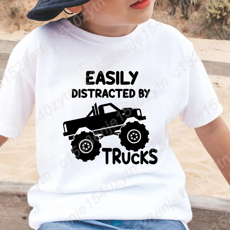 

Easily Distracted By Trucks Print T-shirt Summer Loose Short Sleeve Crew Neck Tops Children Boys Graphic T-Shirt Pure Color Tees