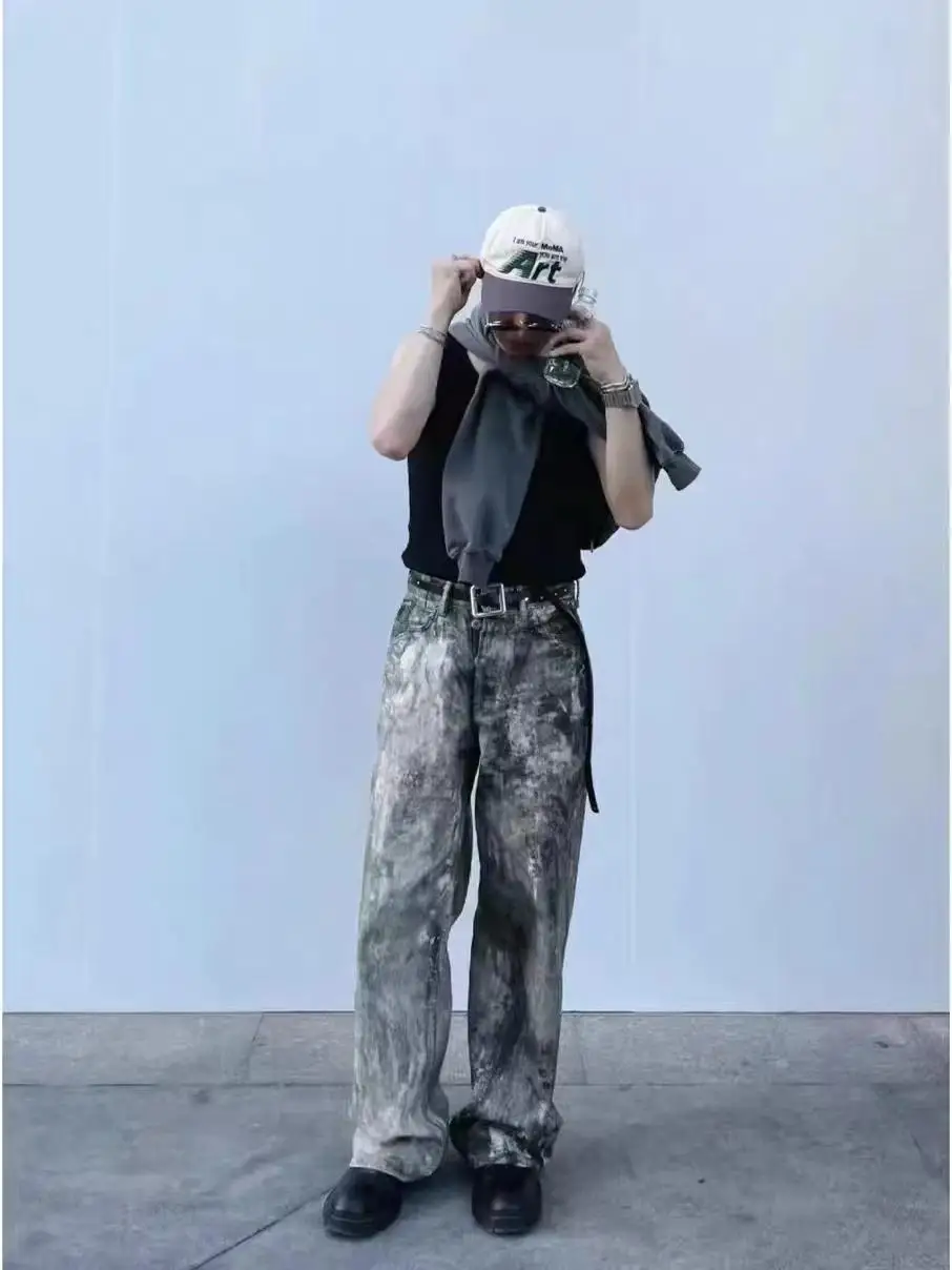 

Джинсы с цифровым камуфляжным принтом, широкие, свободного кроя, прямые, из денима, модные, молодежные, на все сезоны