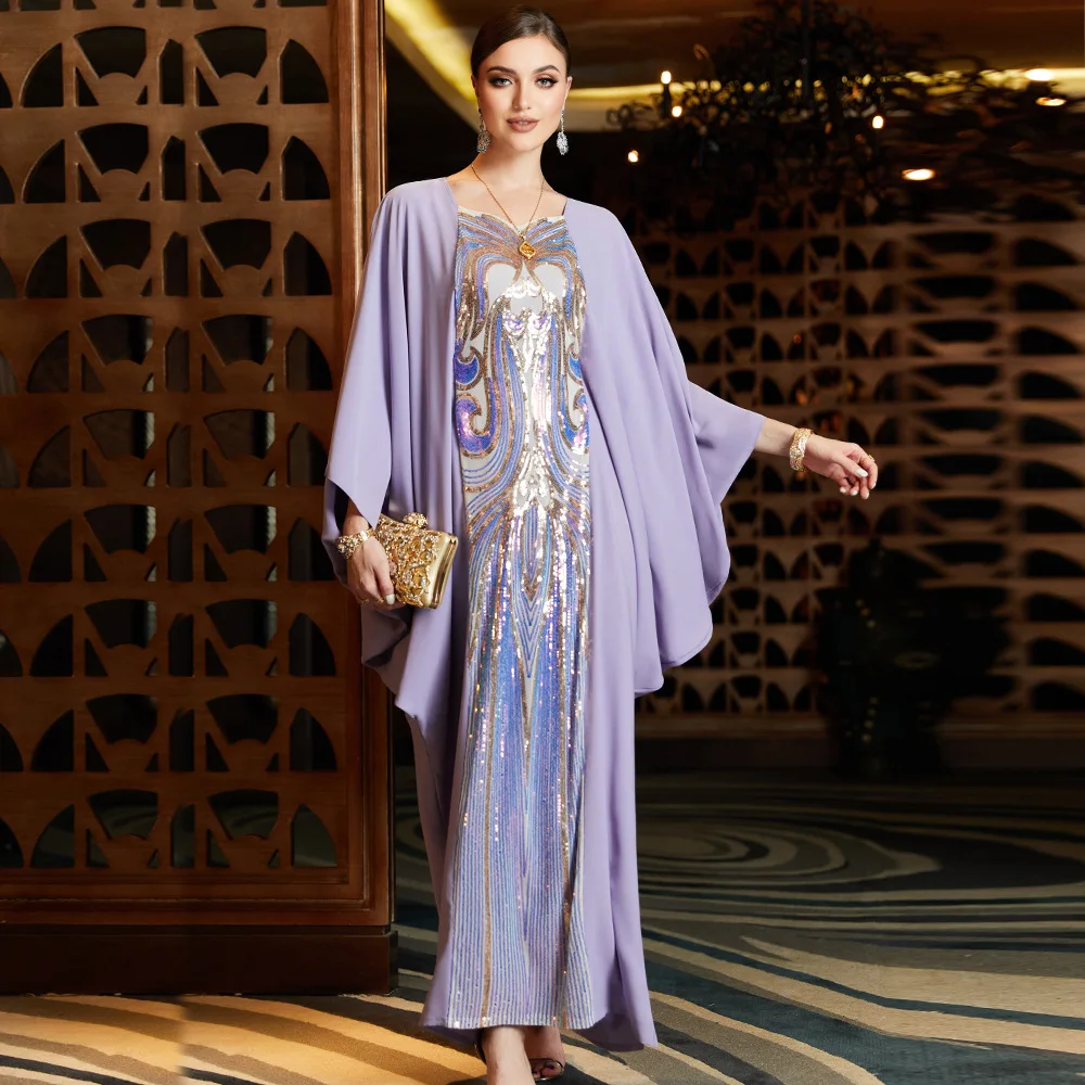 2024 Dubai Evening Dress Women Abaya Bat Sleeve Sequin Fashion Muslim Clothing Moroccan Jilbab Hijab Robe Islam Turkey Abayas