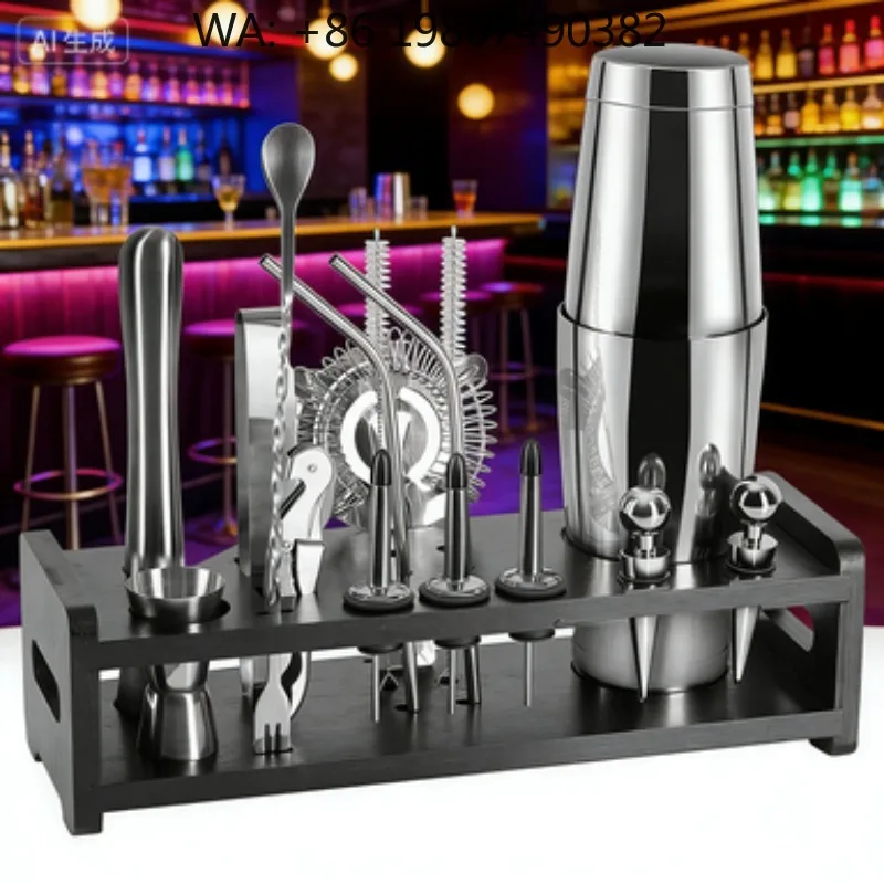18Pcs Eco Friendly Stainless Steel Cocktail Shaker Bar Kit Dual Size Boston Shaker Bamboo Stand For  DIY Craft Cocktail