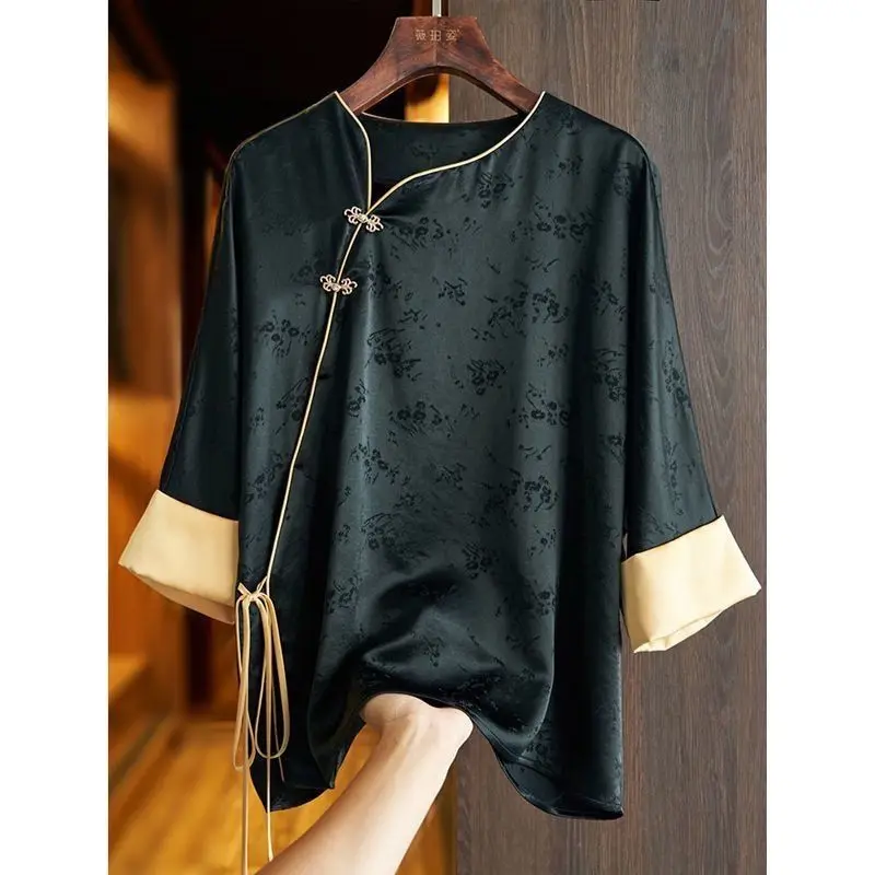 Chinese Style Women\'s Oversized Spring Autumn Skew Collar Button Printed Shirt Vintage Three Quarter Loose Bandage Pullover Tops