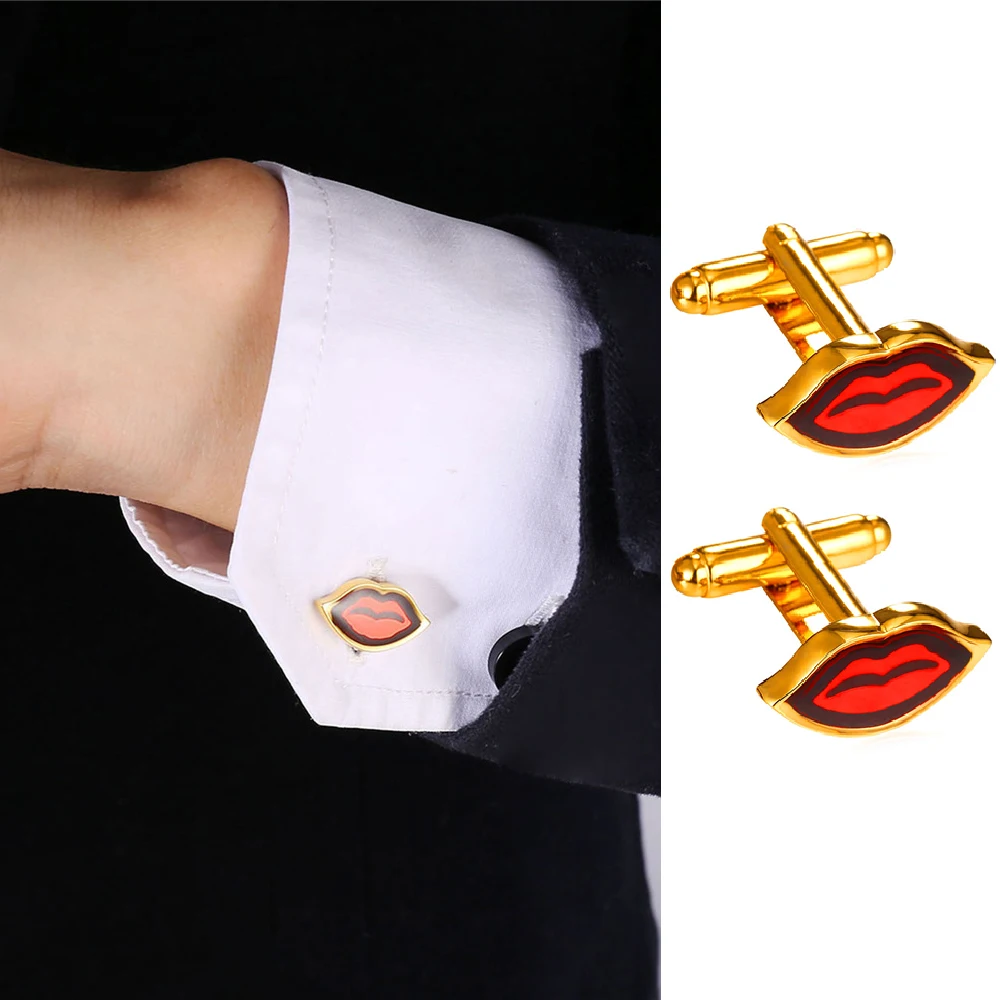 أزرار أكمام شفاه حمراء من الفولاذ المقاوم للصدأ باللون الذهبي للرجال والنساء أزرار أكمام أنيقة هدية مجوهرات للجنسين #1