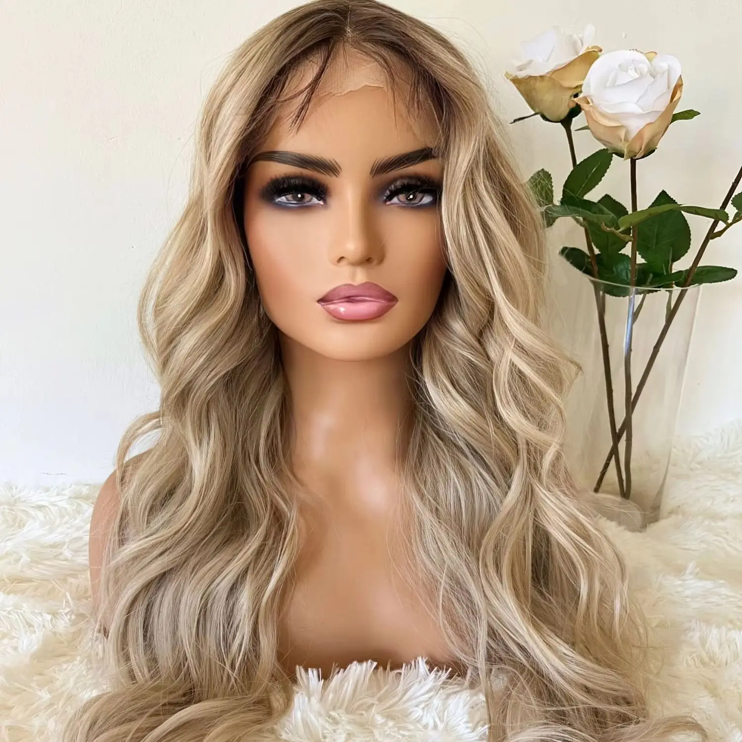 

High Density Wig Ombre Creamy Ash Blonde HD Lace Front Top Wigs With Baby Hair Middle Parting Human Hair Blend Synthetic Fiber