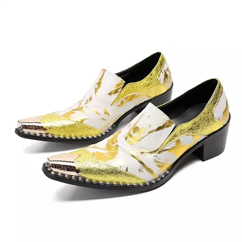 Mixed Color Graffiti Metal Pointed Toe Chunky Heel Men's Loafers Fashion Catwalk Shallow Slip-On Male Derby Shoes Casual Oxfords