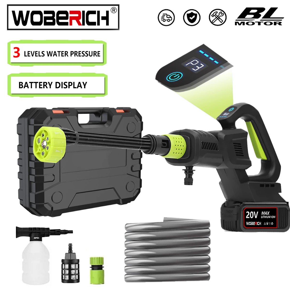 

WOBERICH 280Bar Brushless Electric High Pressure Washer Digital display Cordless Garden Cleaning Spray Gun Tool For Makita 18V