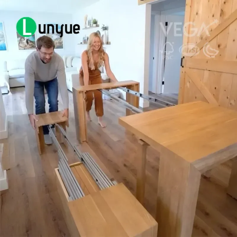 Smoked Pecan Wood Transformer Dining Table Set Adjustable Extendable Modern Furniture for Home Kitchen Living Room Space